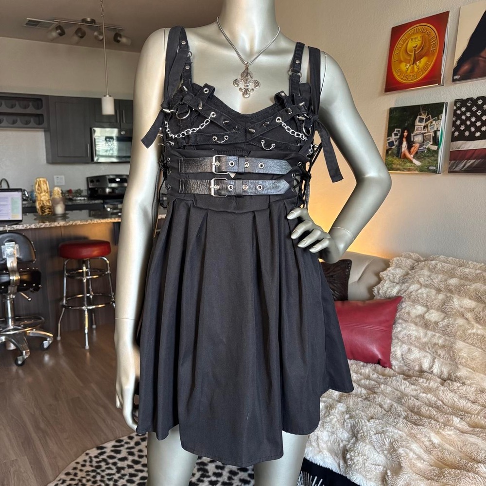 Black buckle corset skater mini dress alt goth grunge M 🖤